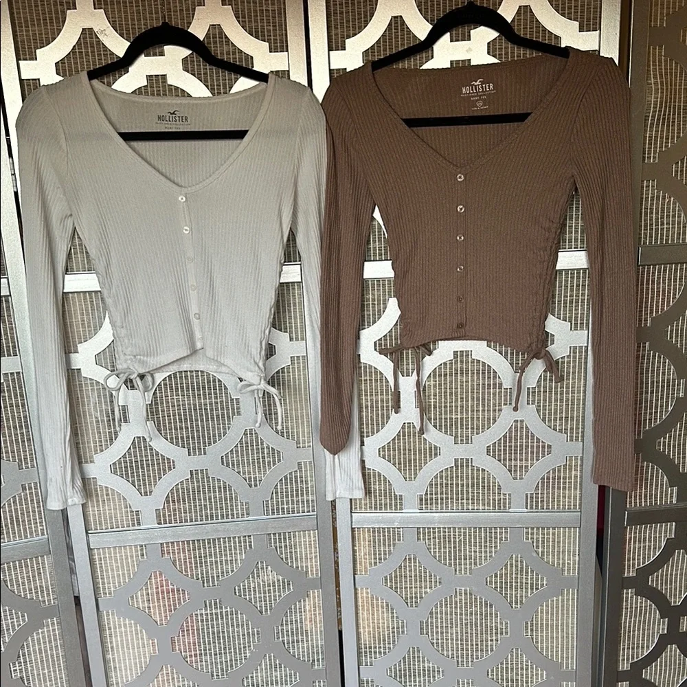 Hollister Women's Ribbed Button-Up Tops - Cream and Brown